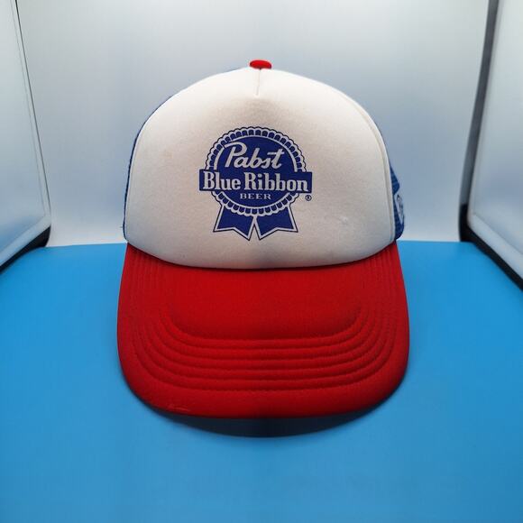 Pabst Blue Ribbon Beer Trucker Hat Red White Blue Baseball Throwback Snap Back - Picture 1 of 7